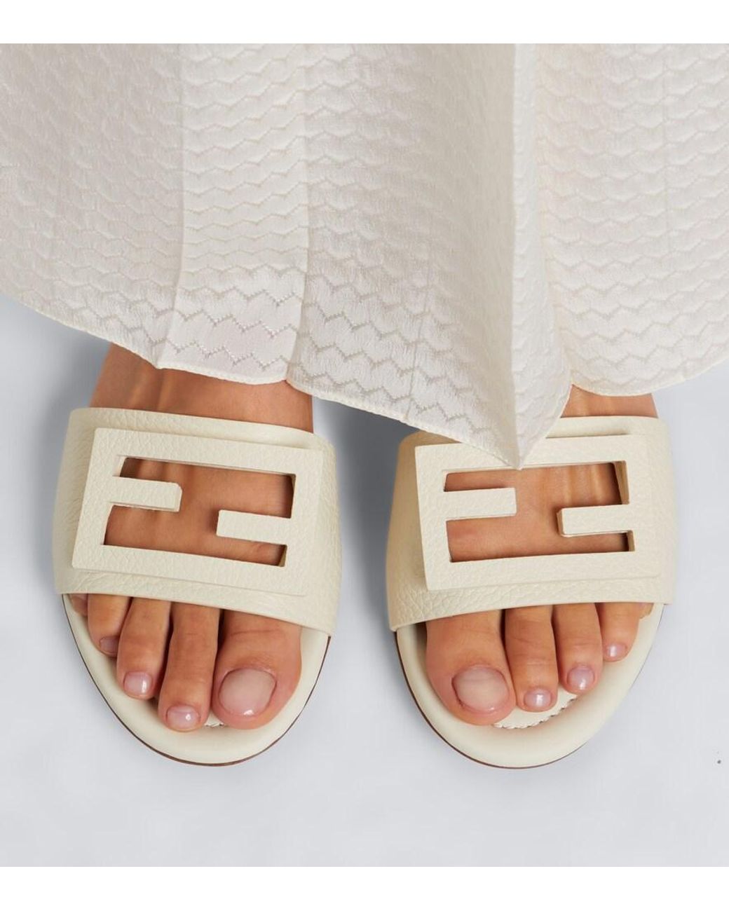 Fendi White Ff Leather Slides