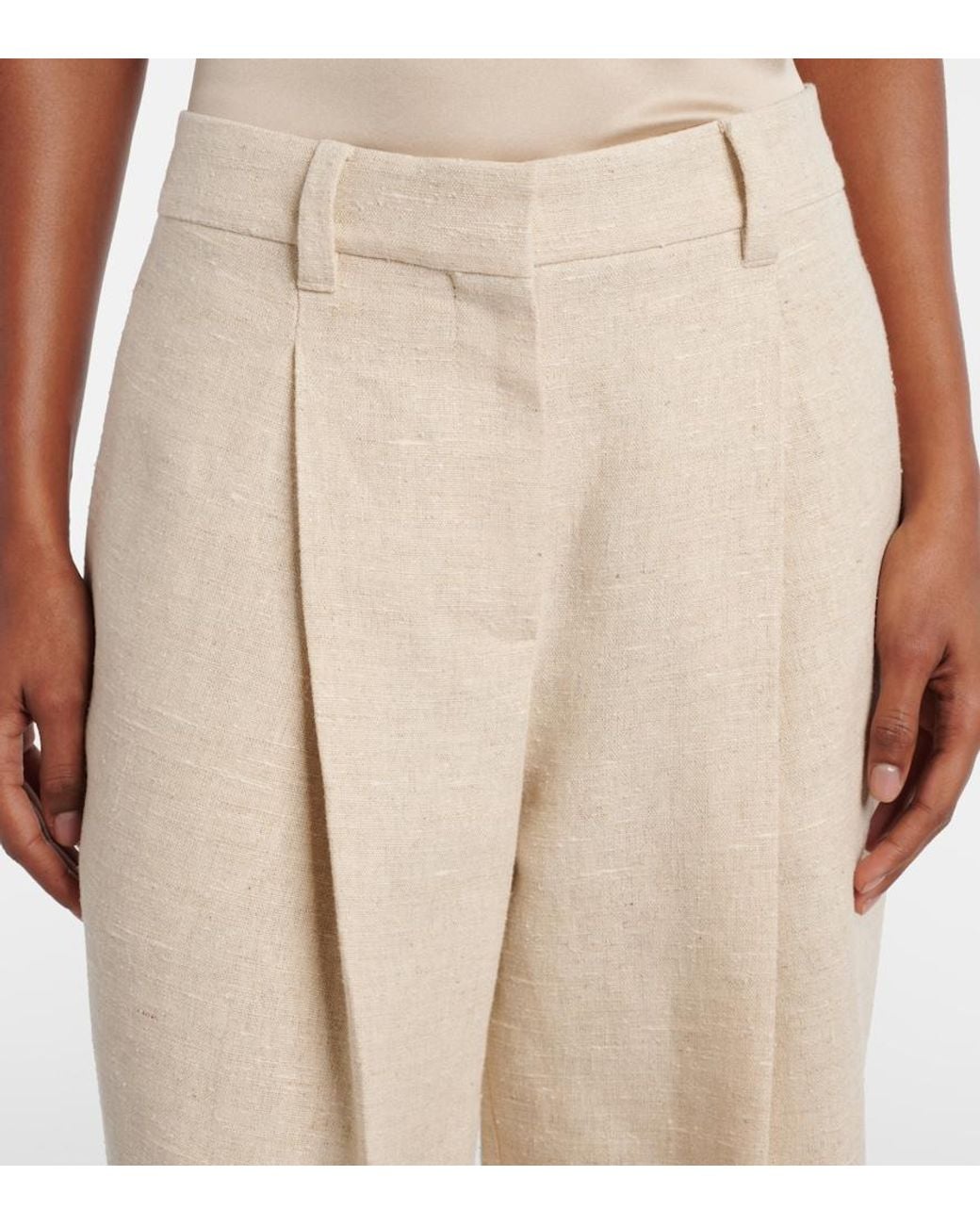 Brunello Cucinelli Natural Cropped Linen And Silk-Blend Wide-Leg Pants