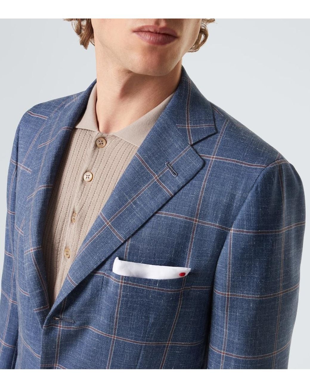 Kiton Blue Checked Cashmere, Wool, Silk, And Linen Blazer for men