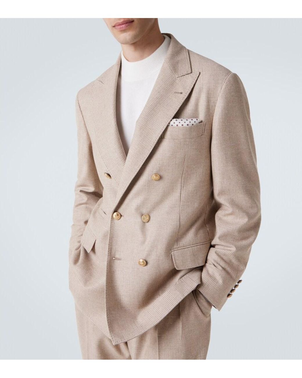 Brunello Cucinelli Natural Houndstooth Cashmere And Silk Suit Jacket for men