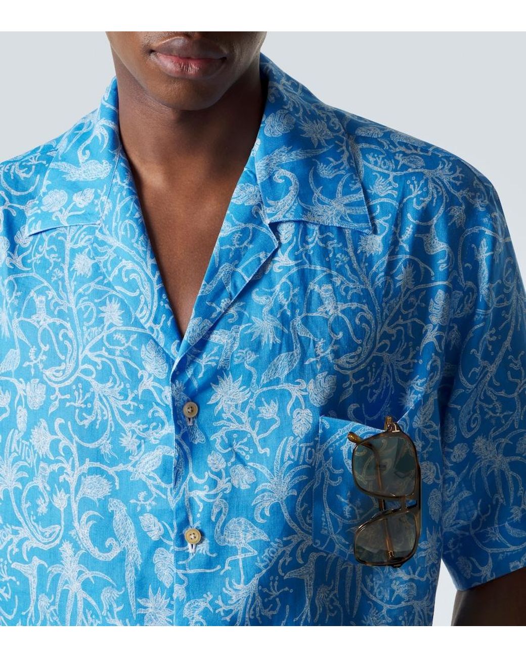 Kiton Blue Printed Linen Bowling Shirt for men