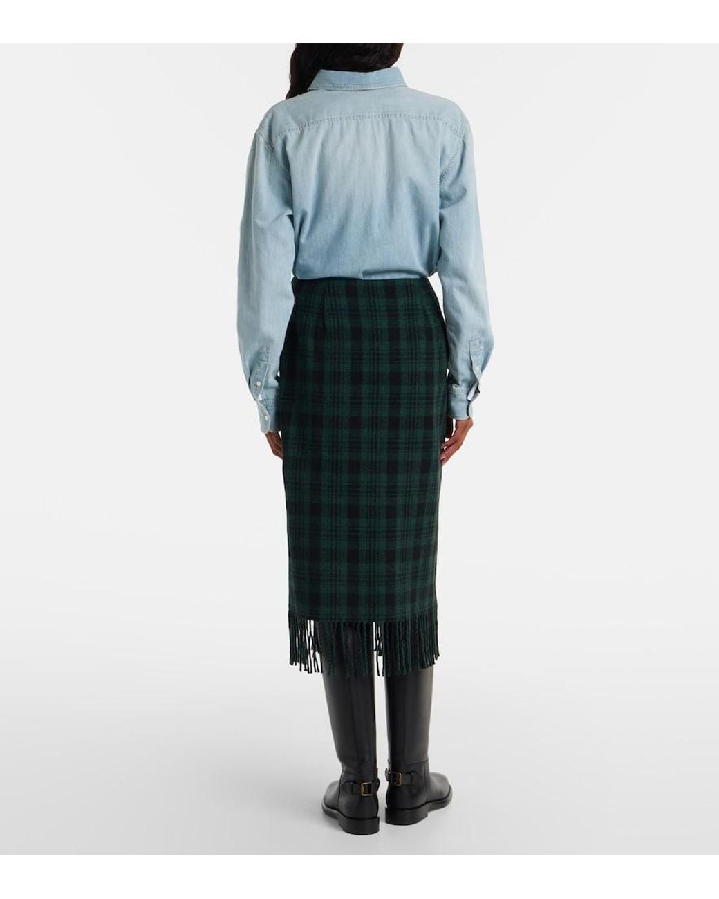 Polo Ralph Lauren Green Checked Fringed Wool-Blend Wrap Skirt