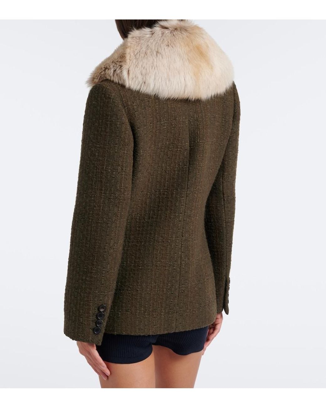 Saint Laurent Green Shearling-Trimmed Wool-Blend Tweed Jacket