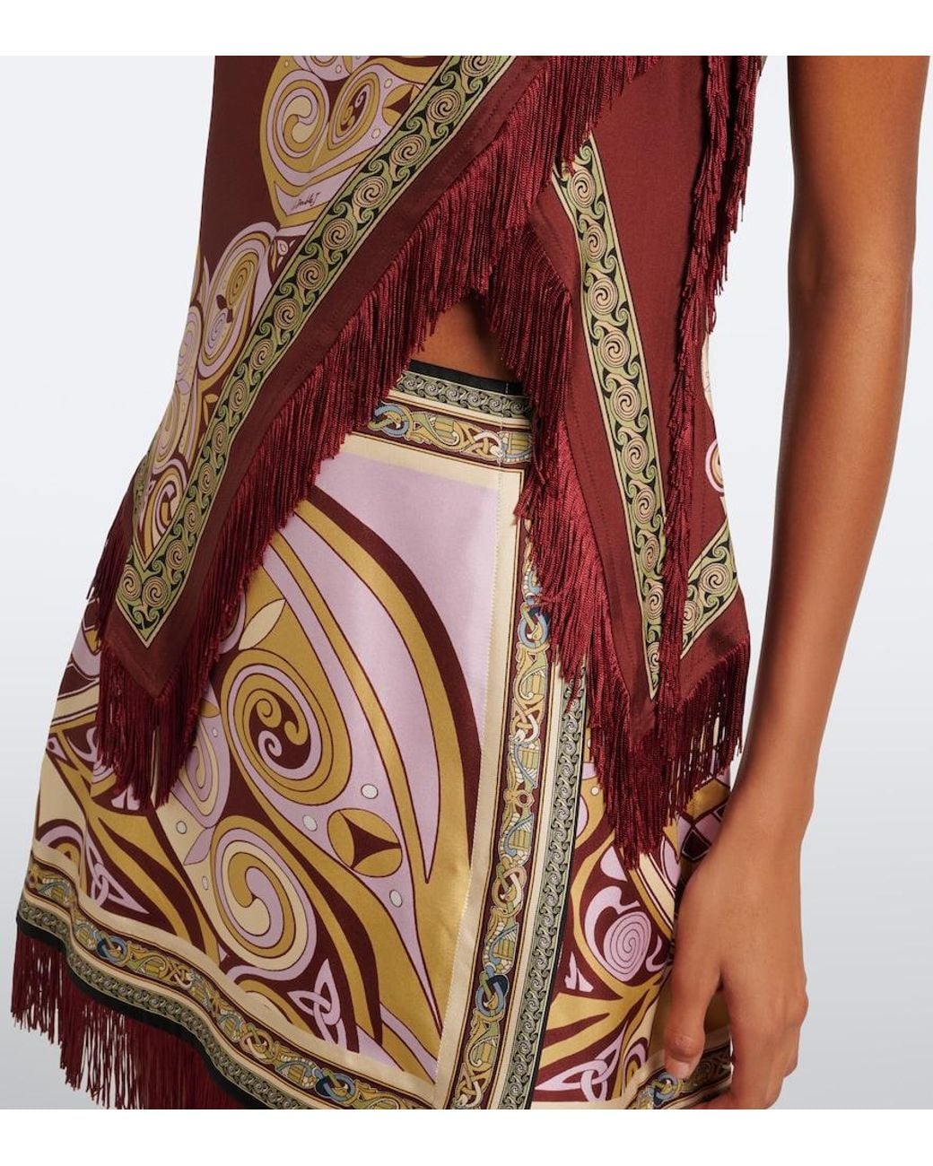 LaDoubleJ Red Fringed Printed Silk Twill Scarf Top
