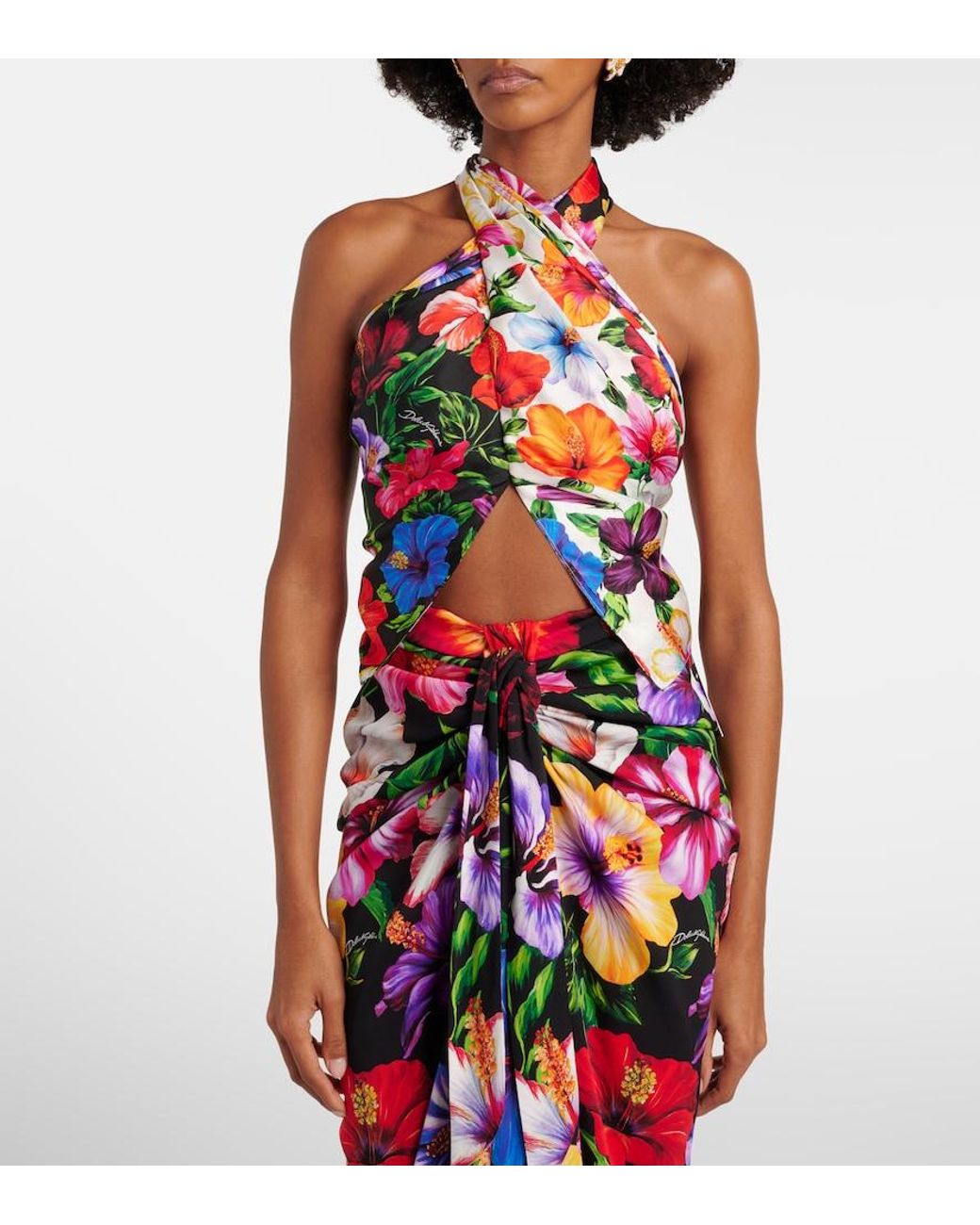 Dolce & Gabbana White Floral Scarf-Detail Silk Top