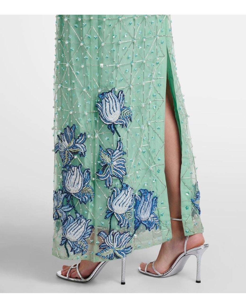La Fuori Green Embellished Feather-Trimmed Gown