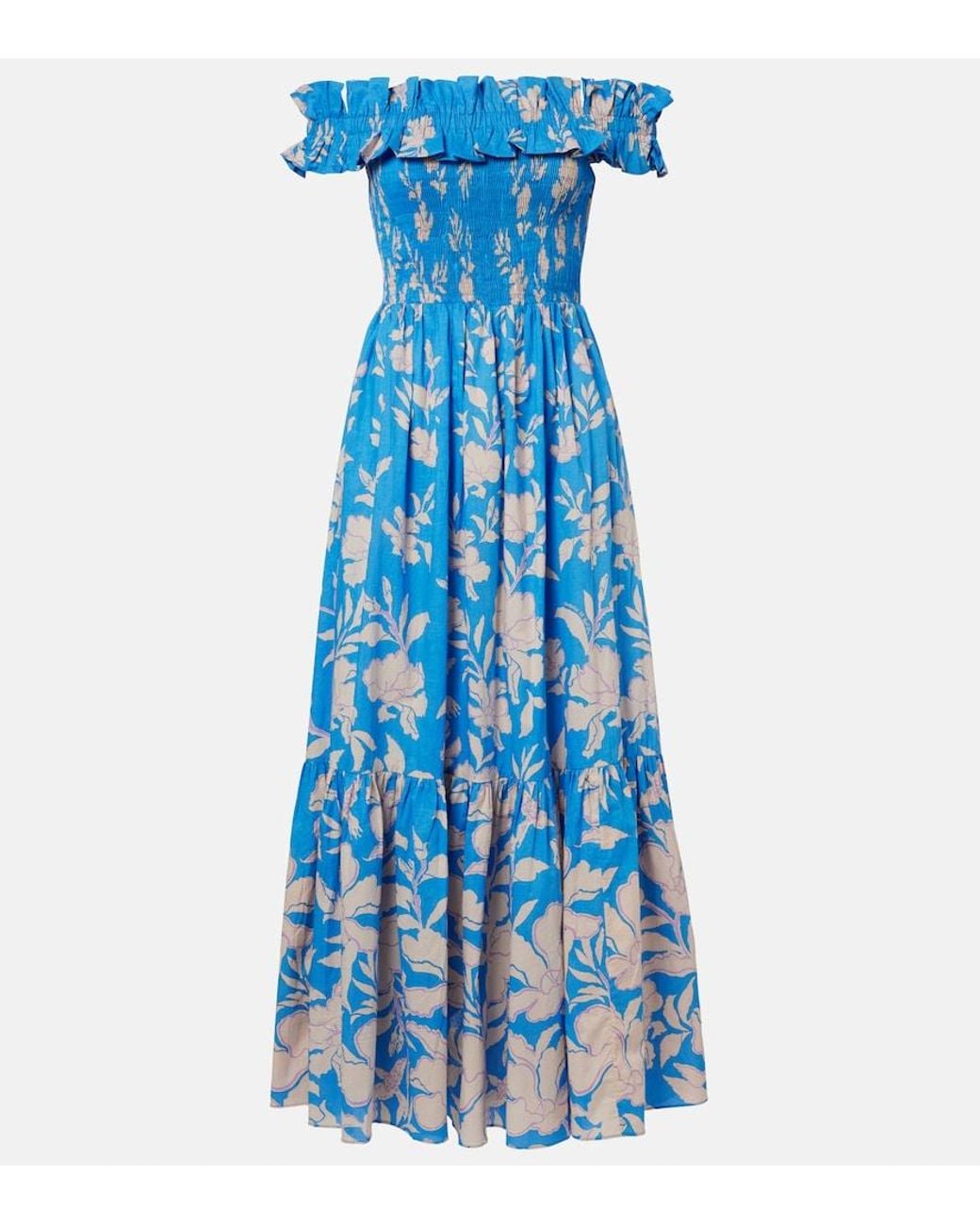 Poupette Blue Suzanne Shirred Cotton Muslin Maxi Dress