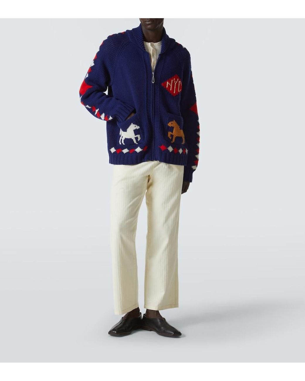 Bode Blue Diamond Corral Wool Zip-Up Cardigan for men