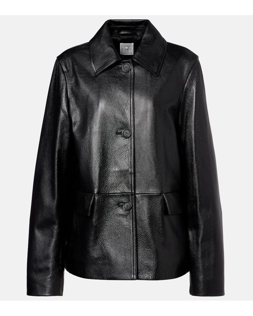 Totême Black Sleek Calf Leather Jacket With Flap Pockets