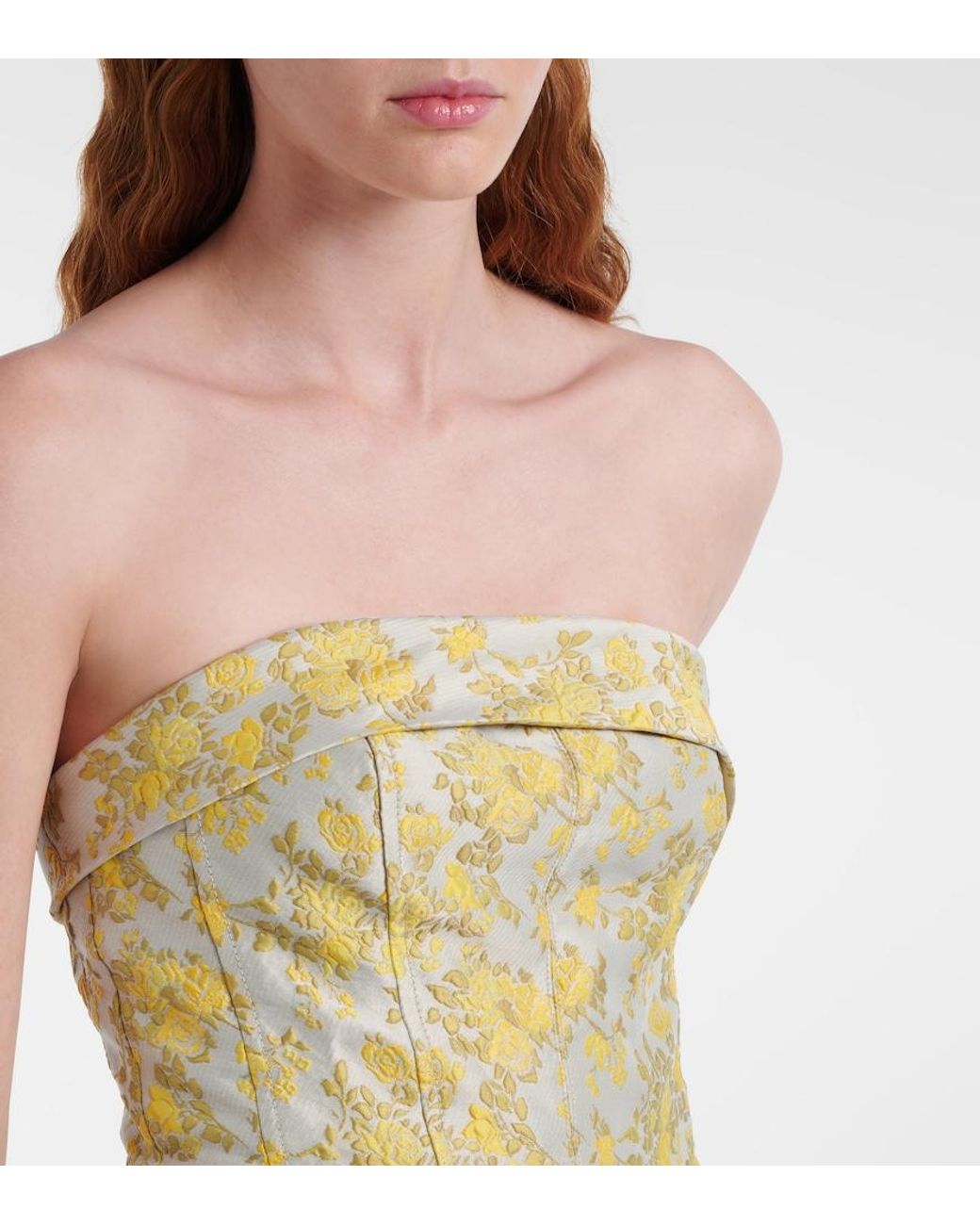 Jonathan Simkhai Yellow Octavia Floral Jacquard Bustier Gown