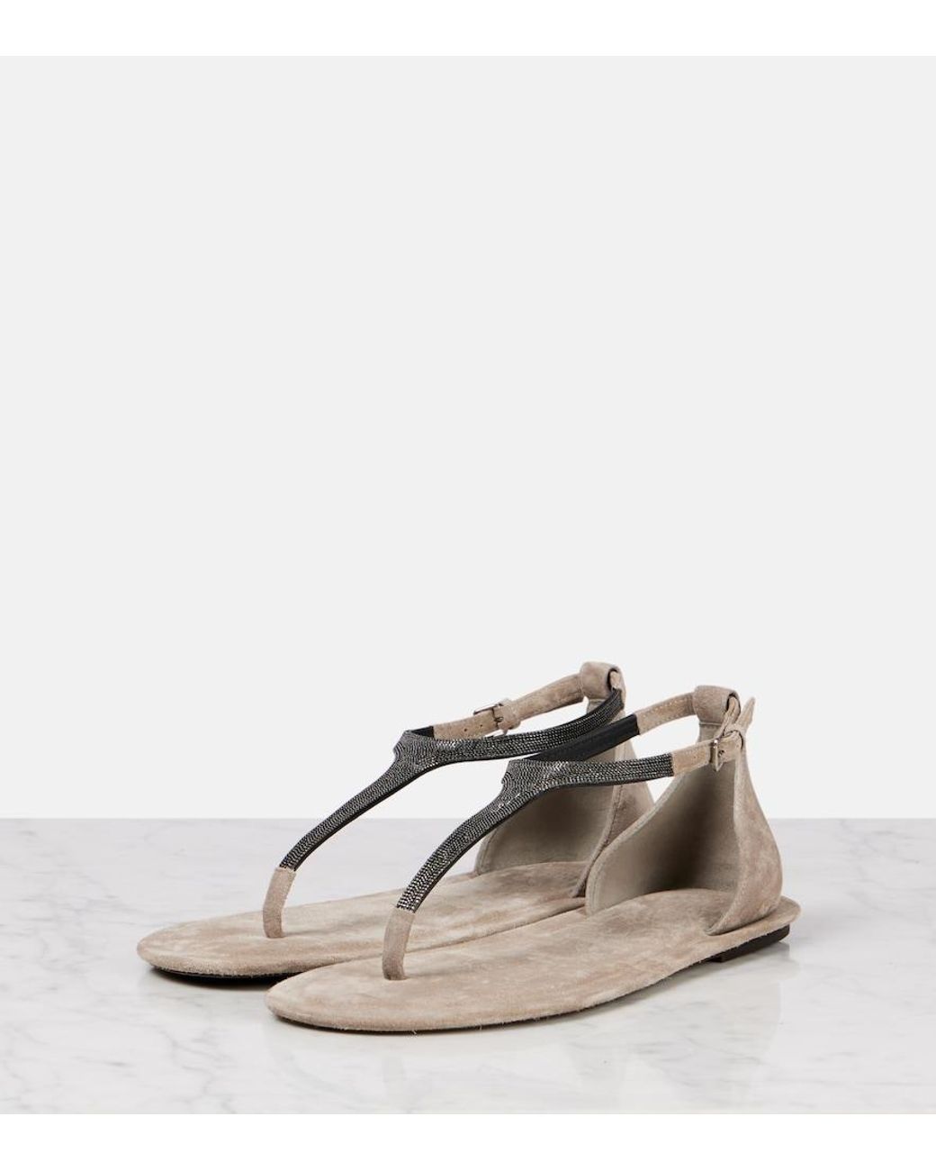 Brunello Cucinelli White Monili Suede Thong Sandals