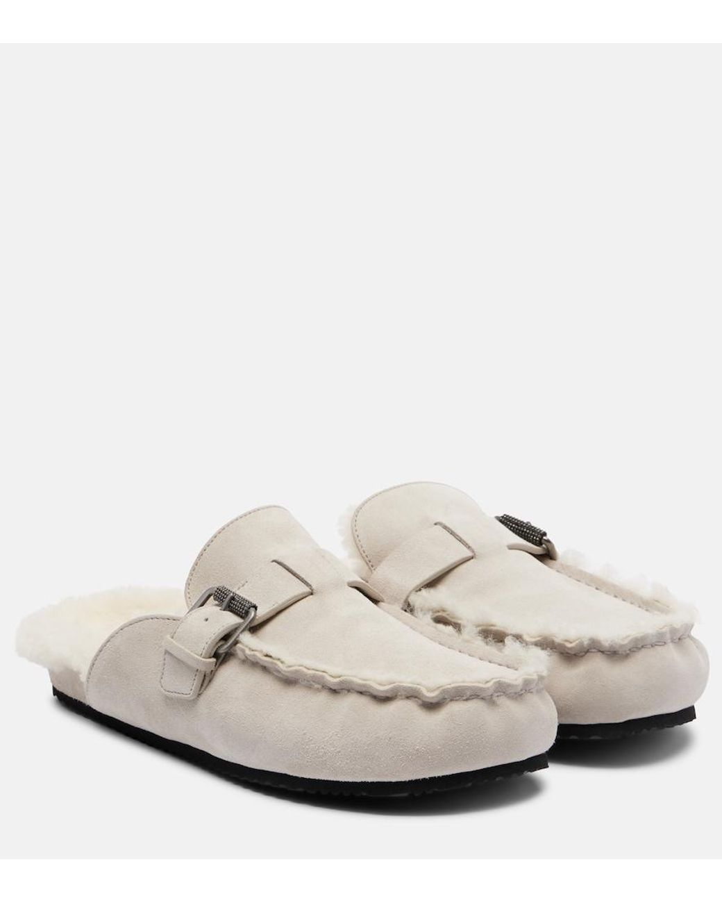 Brunello Cucinelli White Monili Shearling-Lined Suede Mules