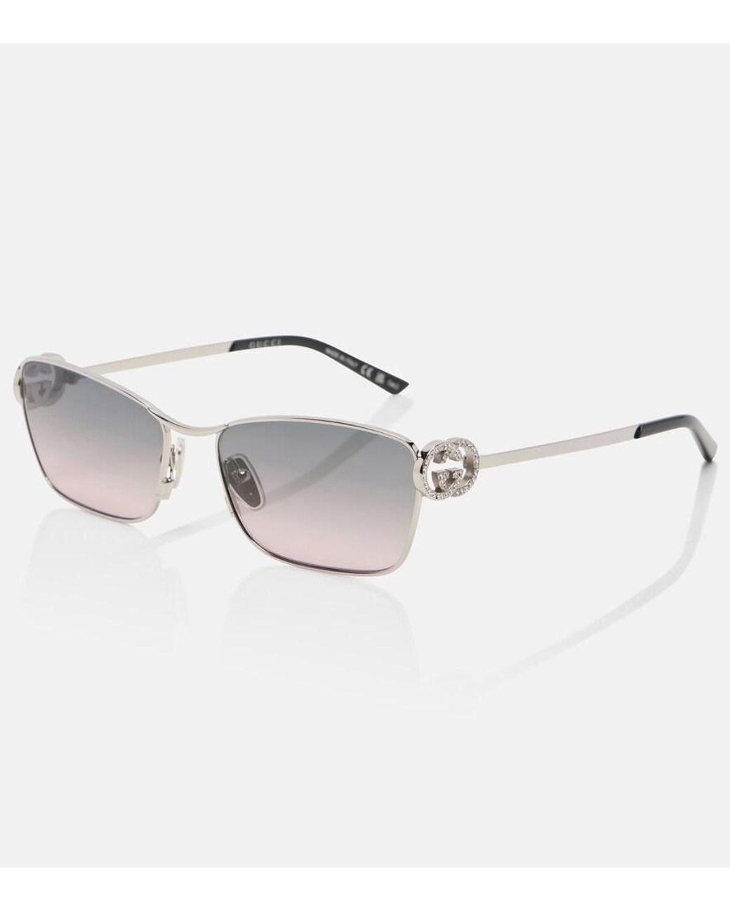 Gucci Gray Interlocking G Crystal-Embellished Rectangular Sunglasses