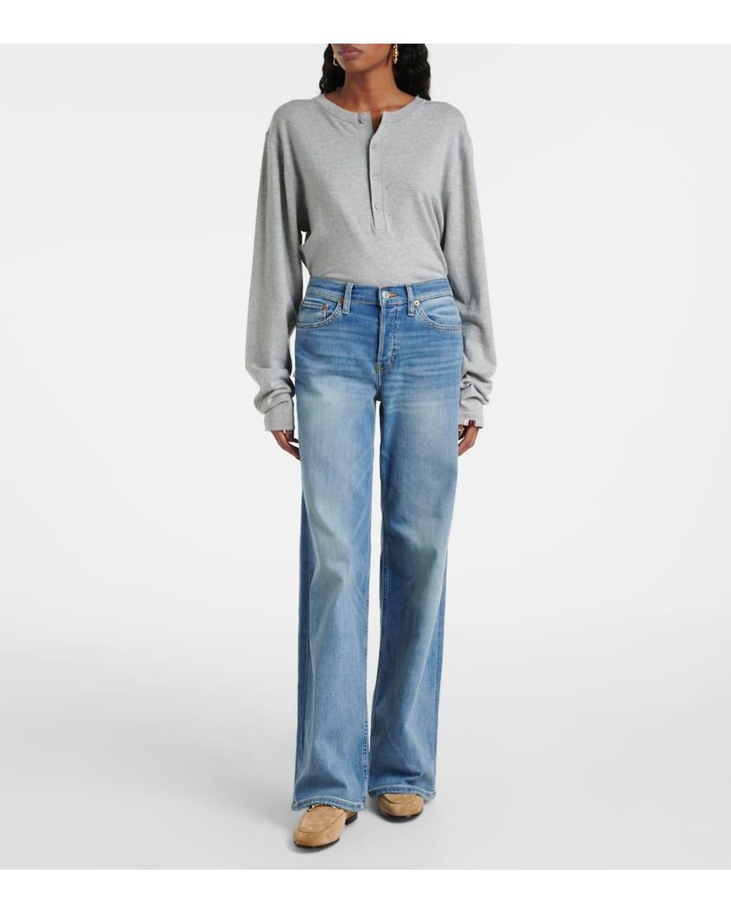 Re/done Blue Cotton Stretch Mid-Rise Wide-Leg Jeans