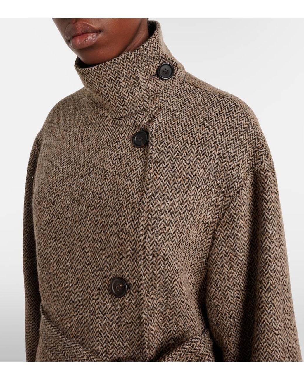 Brunello Cucinelli Brown Belted Herringbone Wool-Blend Coat