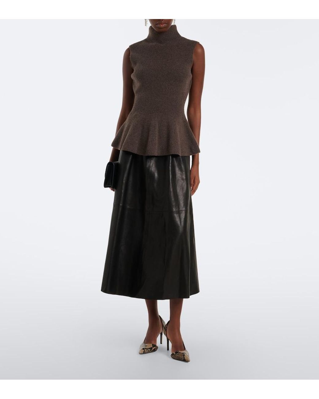 Nour Hammour Black Lenly Leather Midi Skirt