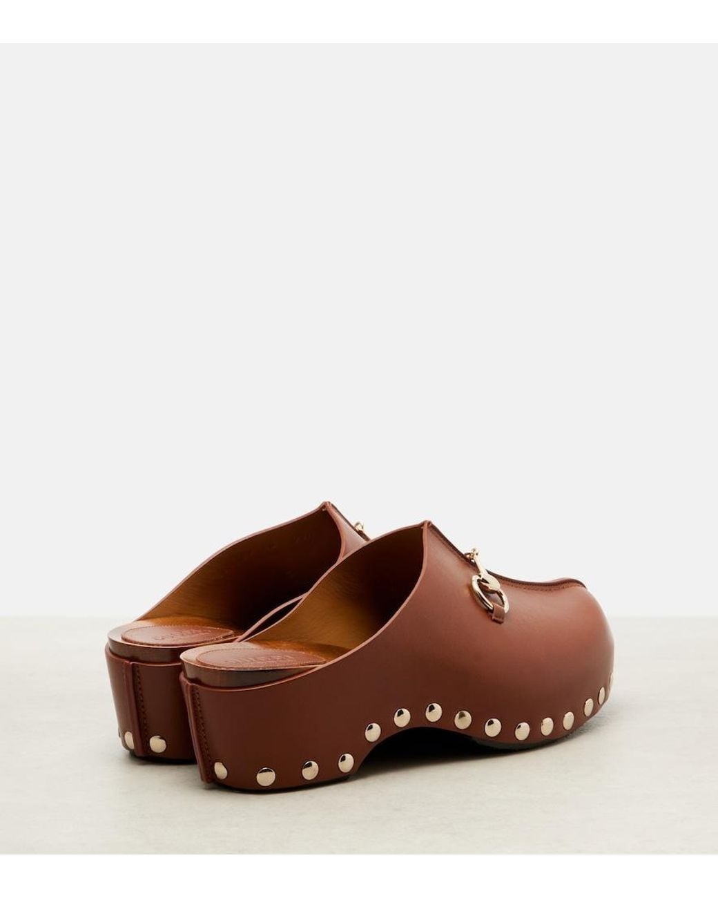 Gucci Brown Horsebit Studded Leather Platform Clogs