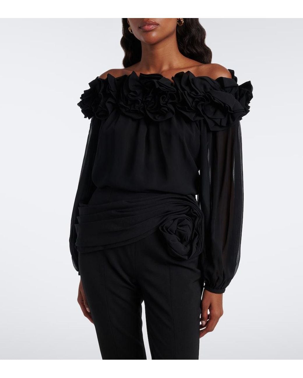 Carolina Herrera Black Floral-Applique Gathered Silk Top