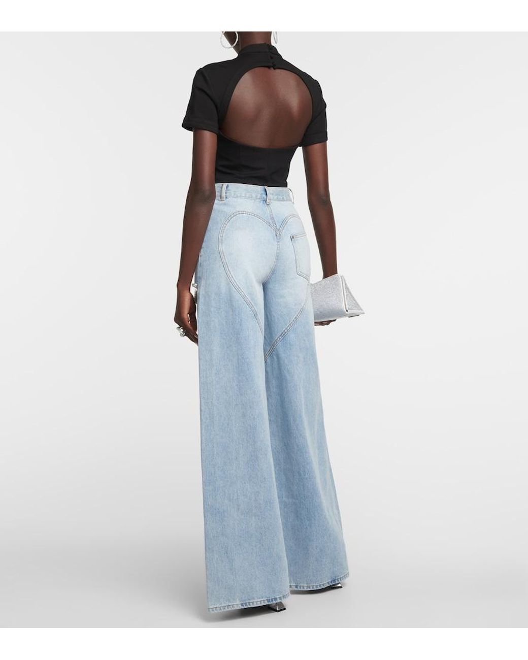 Area Blue Cutout Embellished High-Rise Wide-Leg Jeans