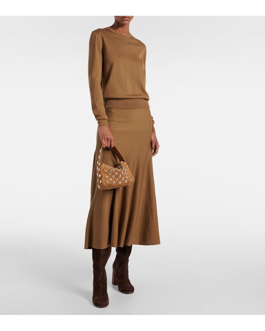 Khaite Brown Elena Small Studded Suede Shoulder Bag