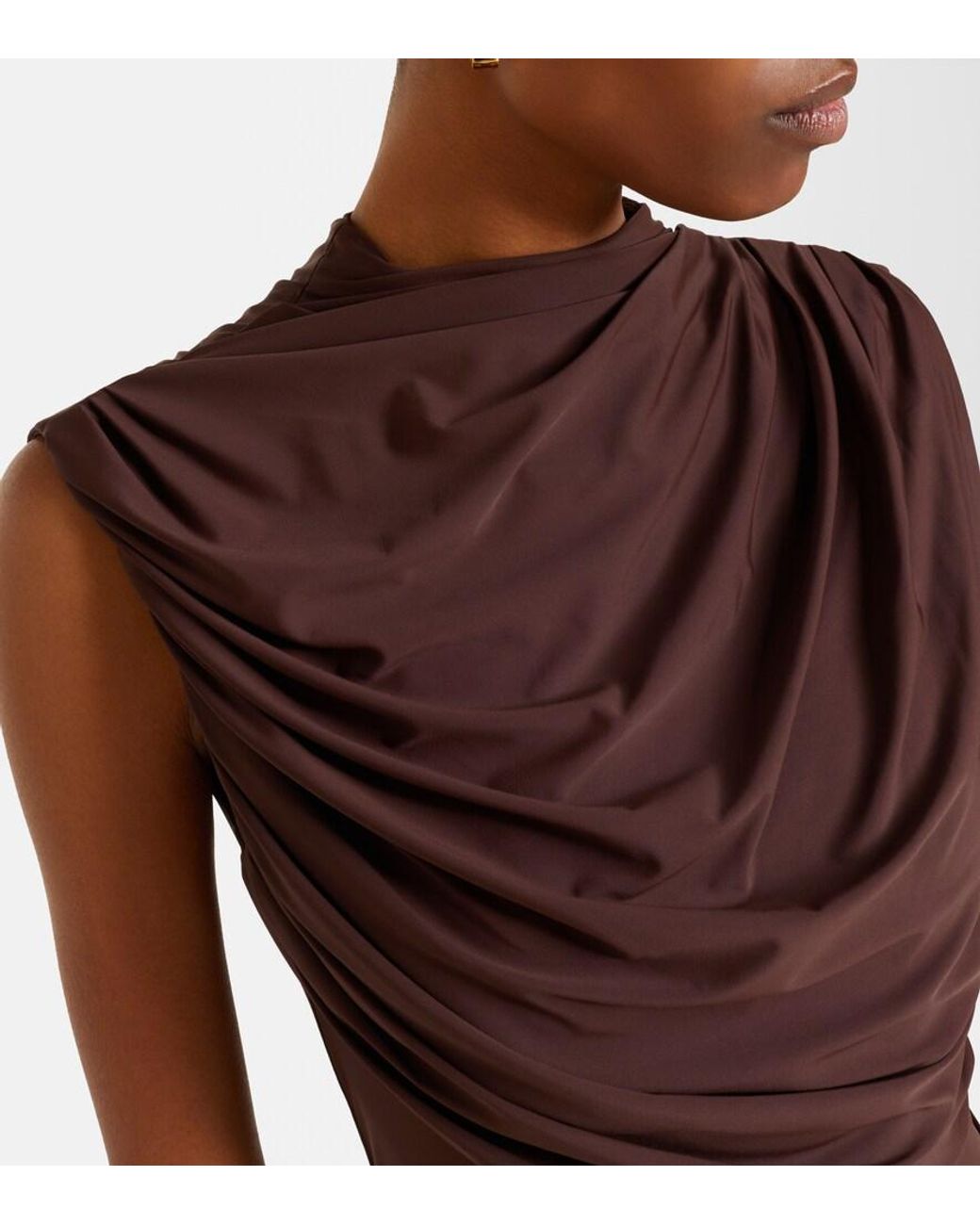 De La Vali Brown Draped Caped Jersey Minidress
