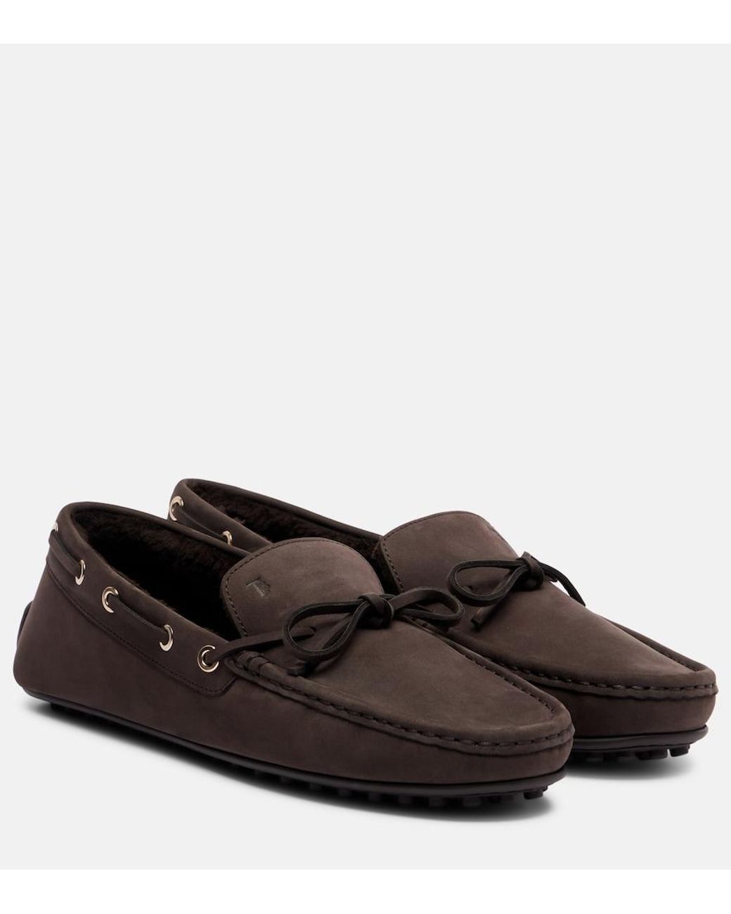 Tod's Brown Gommino Shearling-Lined Suede Boat Shoes