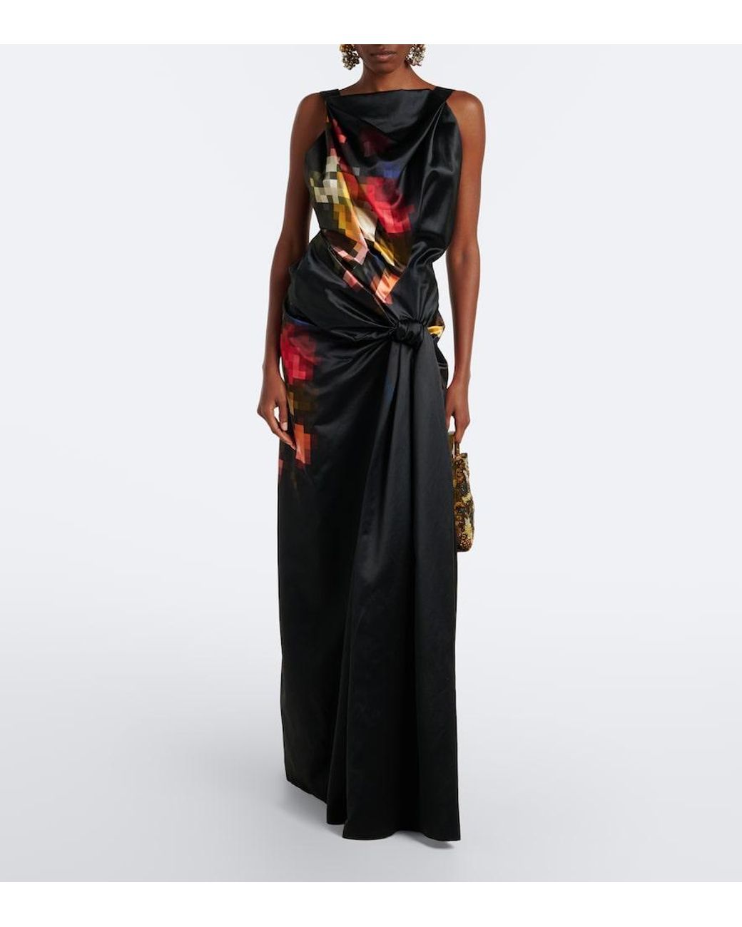 Dries Van Noten Black Draped Printed Silk Satin Gown