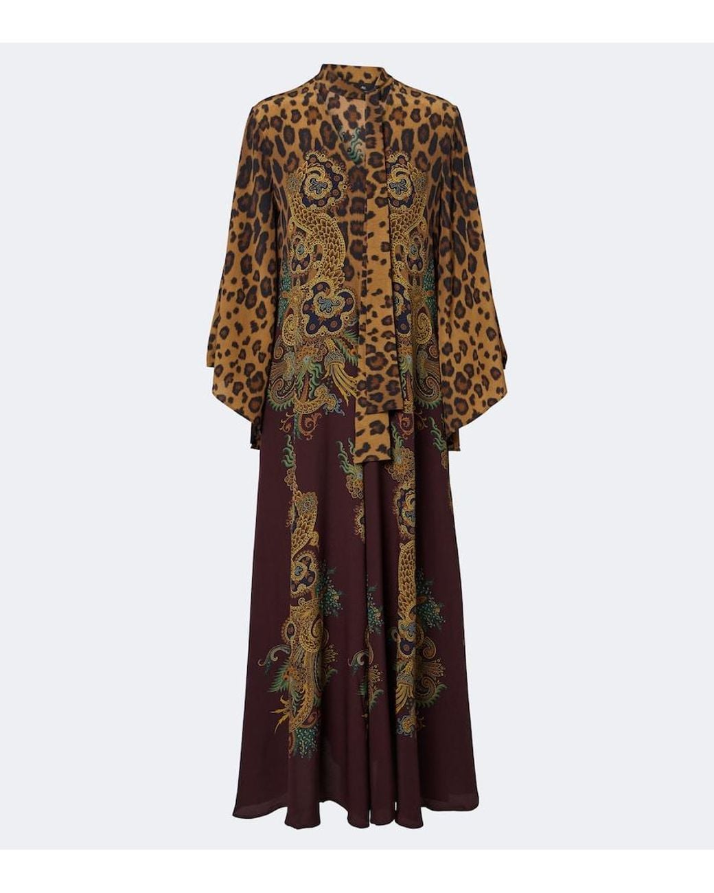 Etro Brown Leopard-Print Tie-Neck Silk Maxi Dress