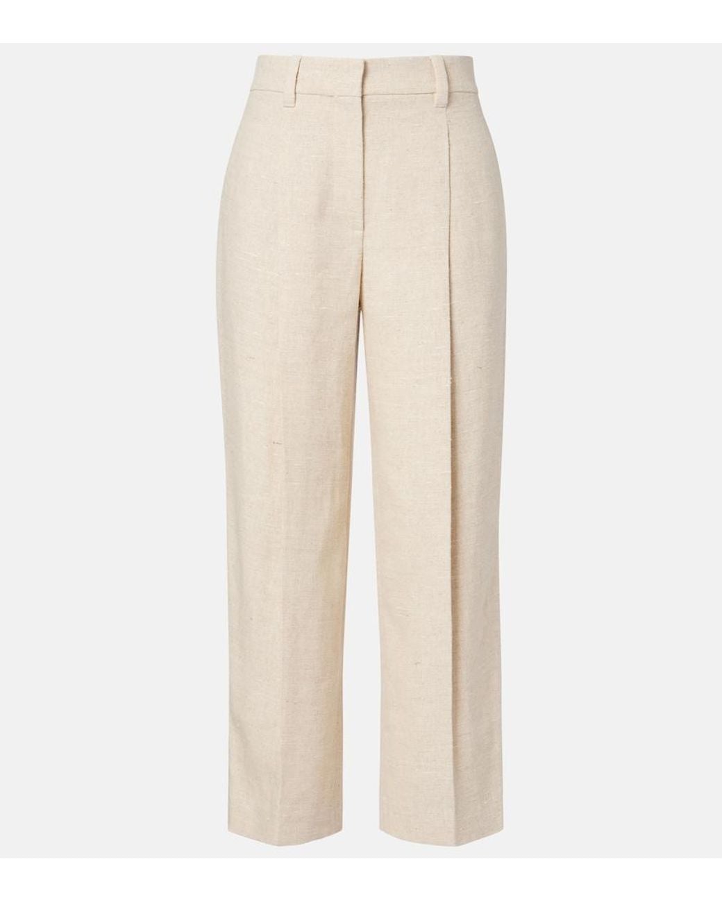 Brunello Cucinelli Natural Cropped Linen And Silk-Blend Wide-Leg Pants