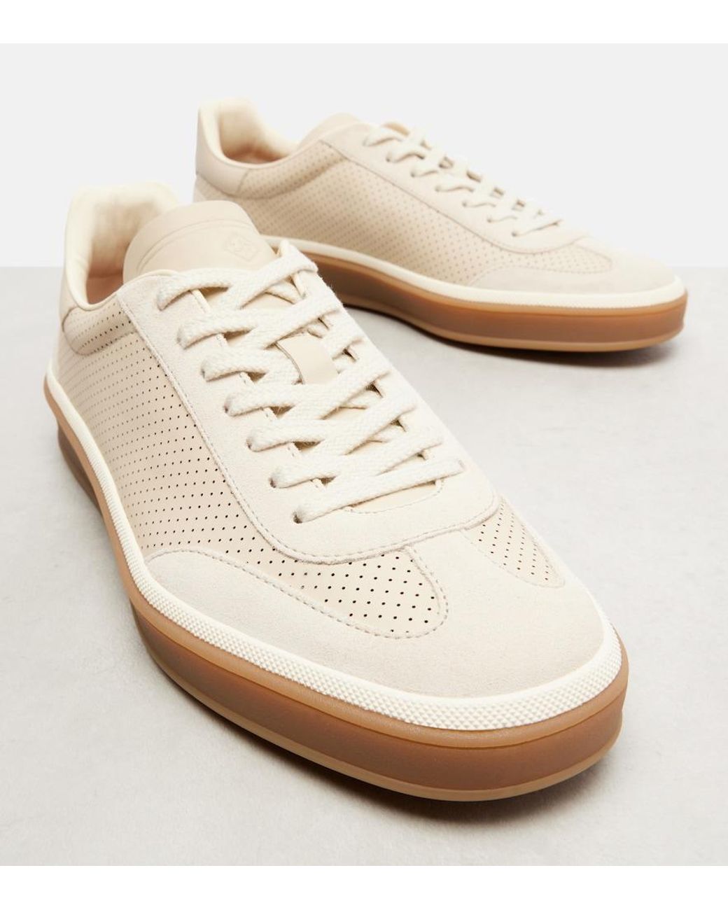 Loro Piana White Tennis Suede-Trimmed Leather Sneakers