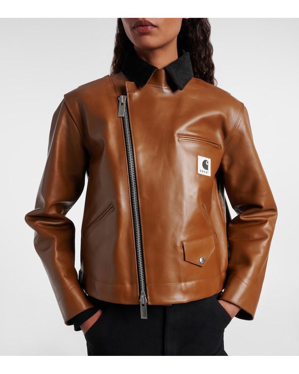 Sacai Brown X Carhartt Asymmetric Leather Jacket