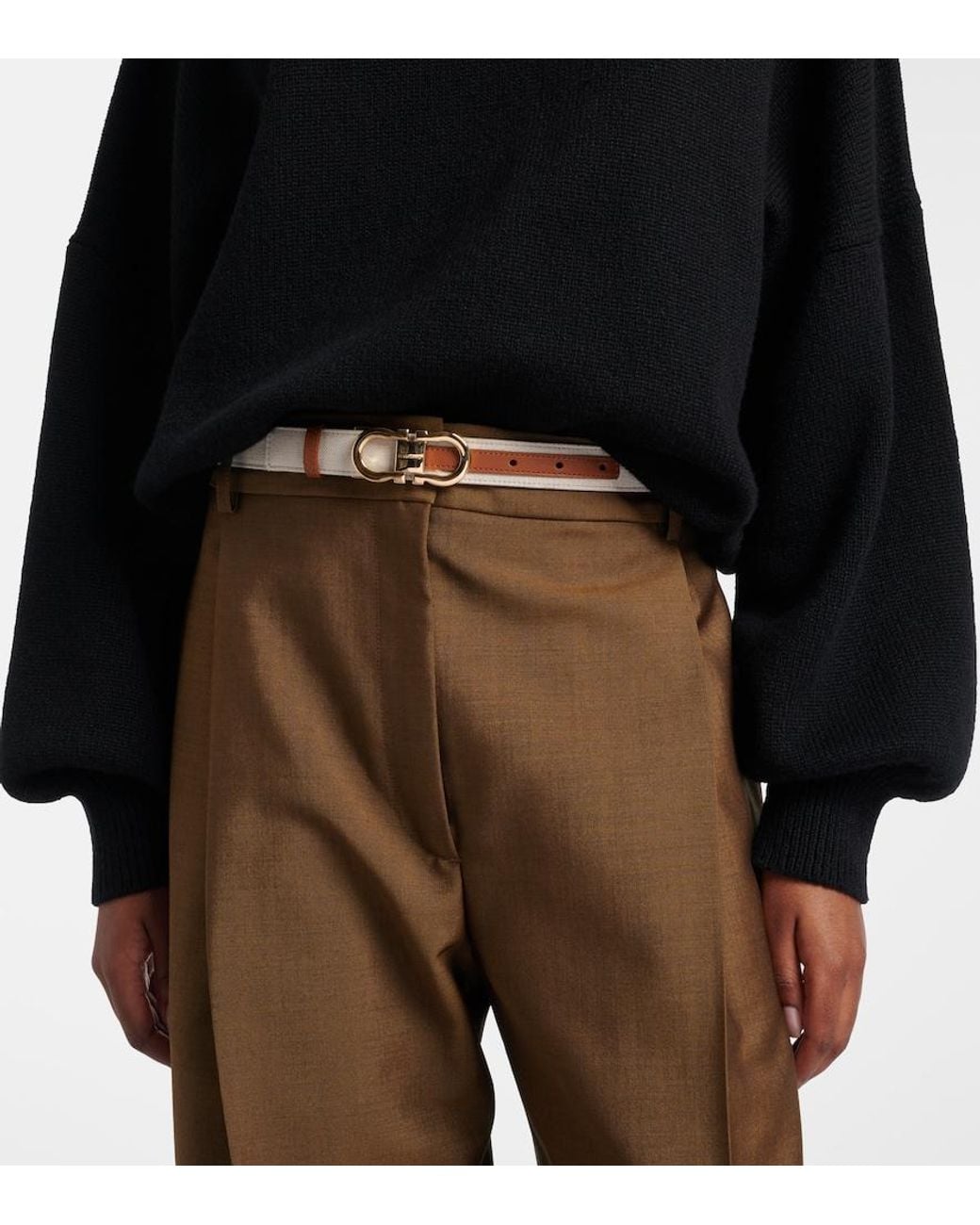 Ferragamo Brown Gancini Canvas And Leather Belt