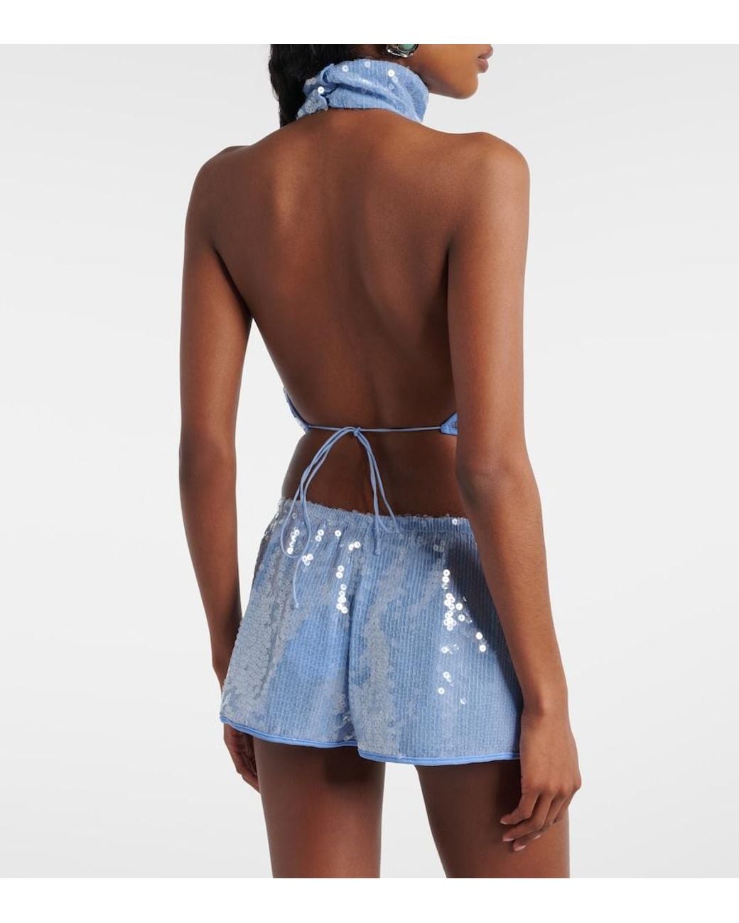 Oseree Blue Sequined Halterneck Crop Top