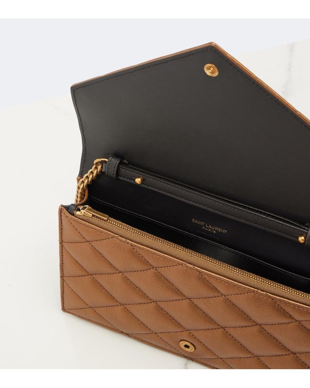 Saint Laurent Brown Paris Metallic Leather Wallet On Chain