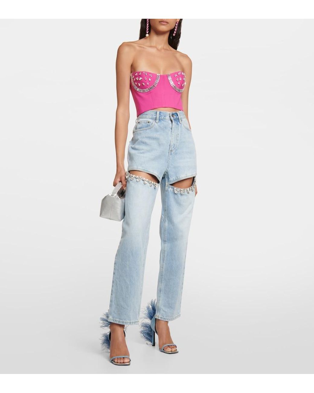 Area Blue X Sergio Rossi Amazona Feather-Trimmed Denim Sandals