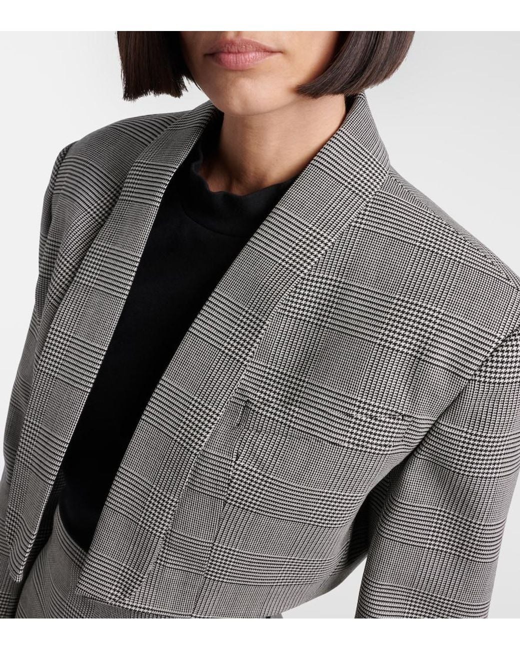 Balmain Gray Houndstooth Cropped Wool-Blend Blazer
