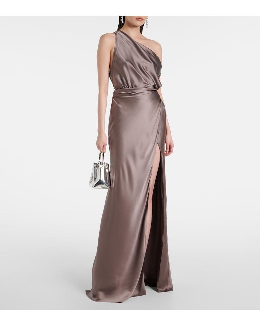 The Sei Brown Draped One-Shoulder Silk Satin Gown