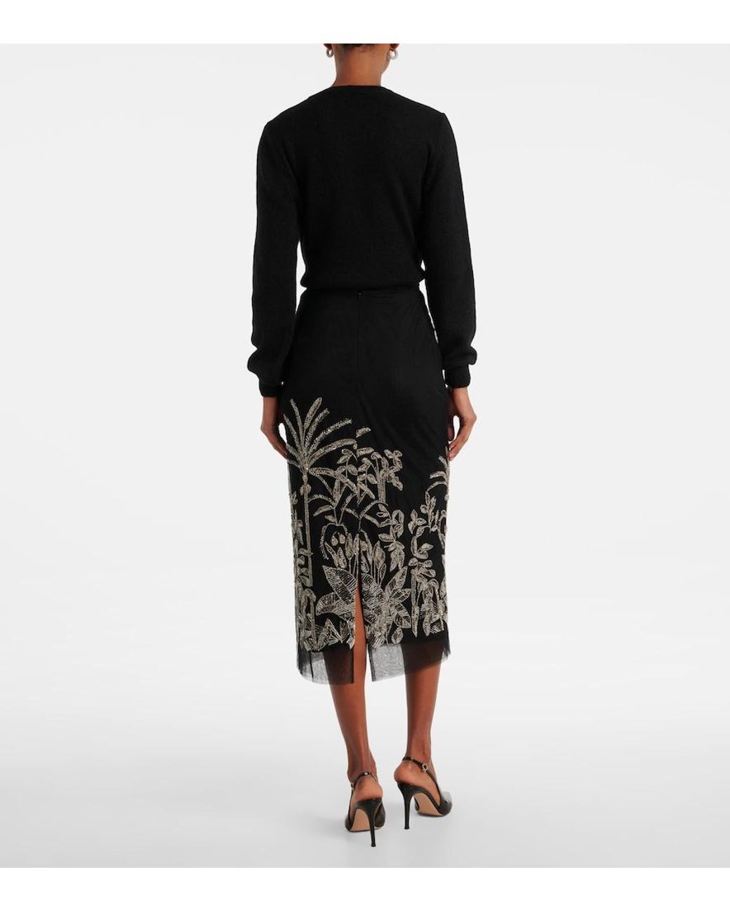 Costarellos Black Leyla Beaded Tulle Midi Skirt