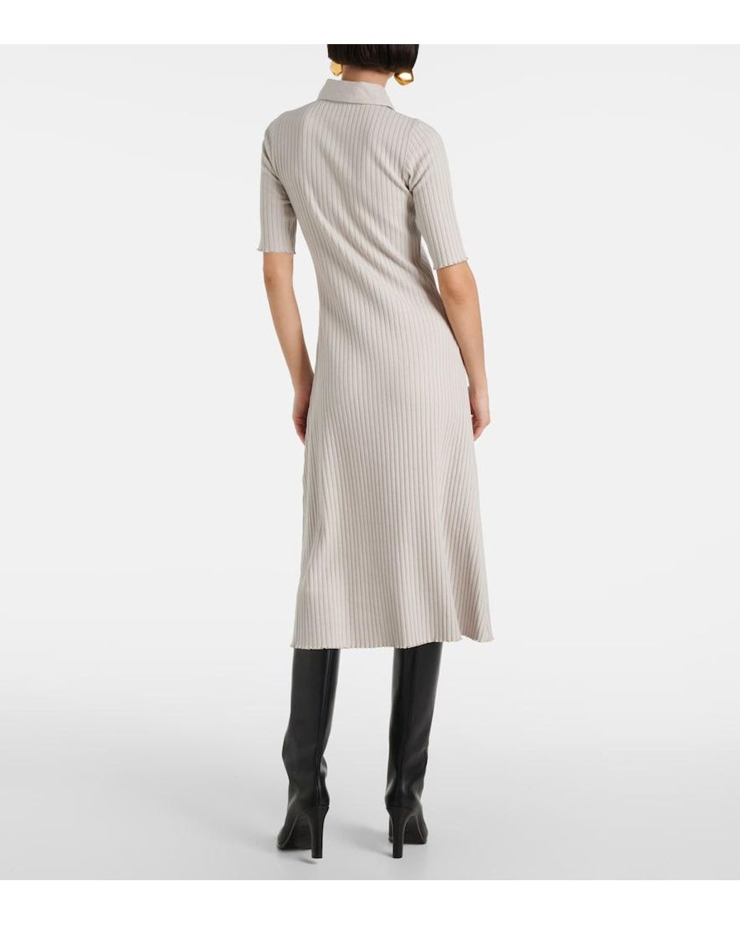 Vince White Ribbed-Knit Cotton-Blend Polo Dress