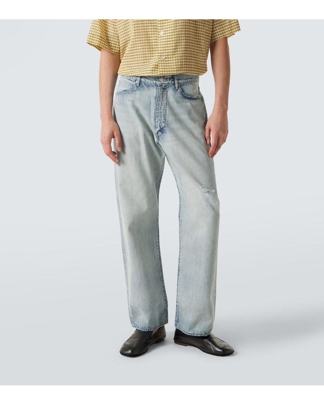 Auralee Blue Distressed Straight Jeans for men