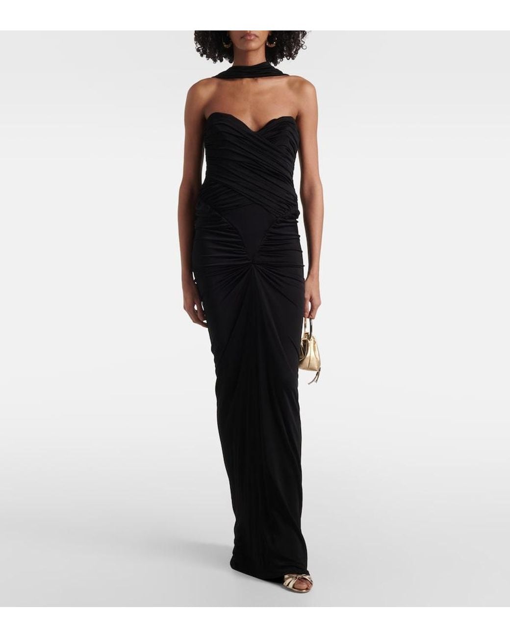 The New Arrivals Ilkyaz Ozel Black Samsara Ruched Strapless Gown