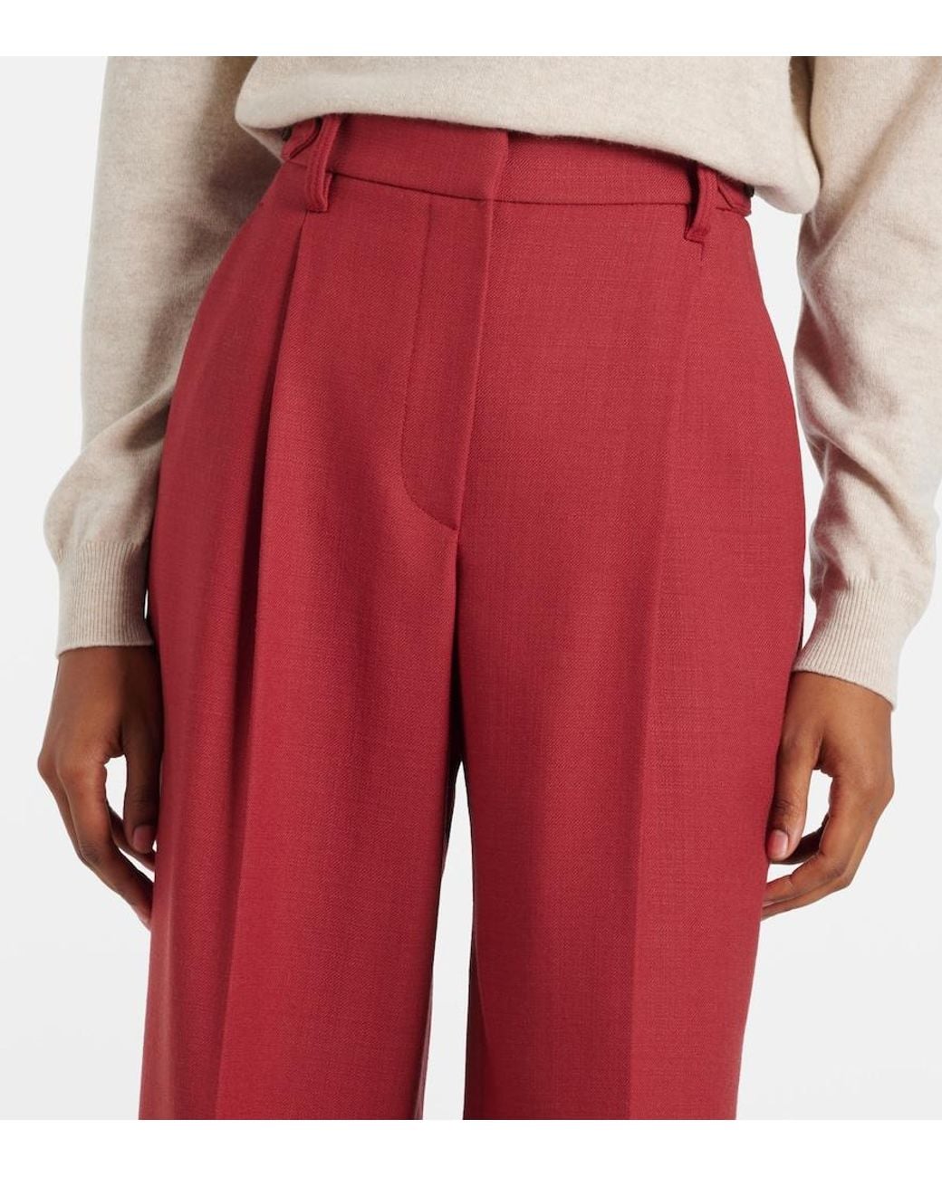 Brunello Cucinelli Red High-Rise Virgin Wool Twill Straight Pants