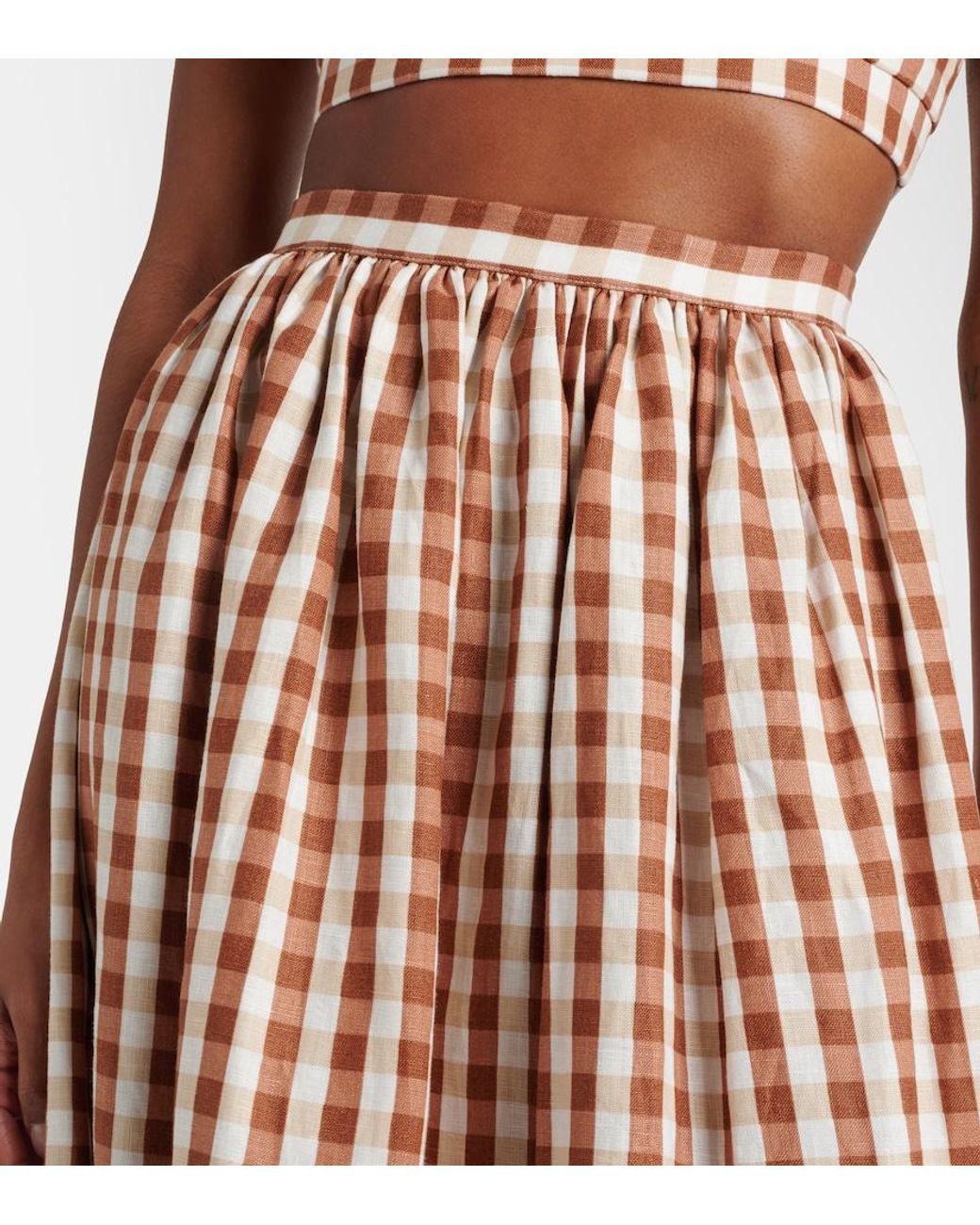 Faithfull The Brand Brown Ida Gingham Linen Midi Skirt