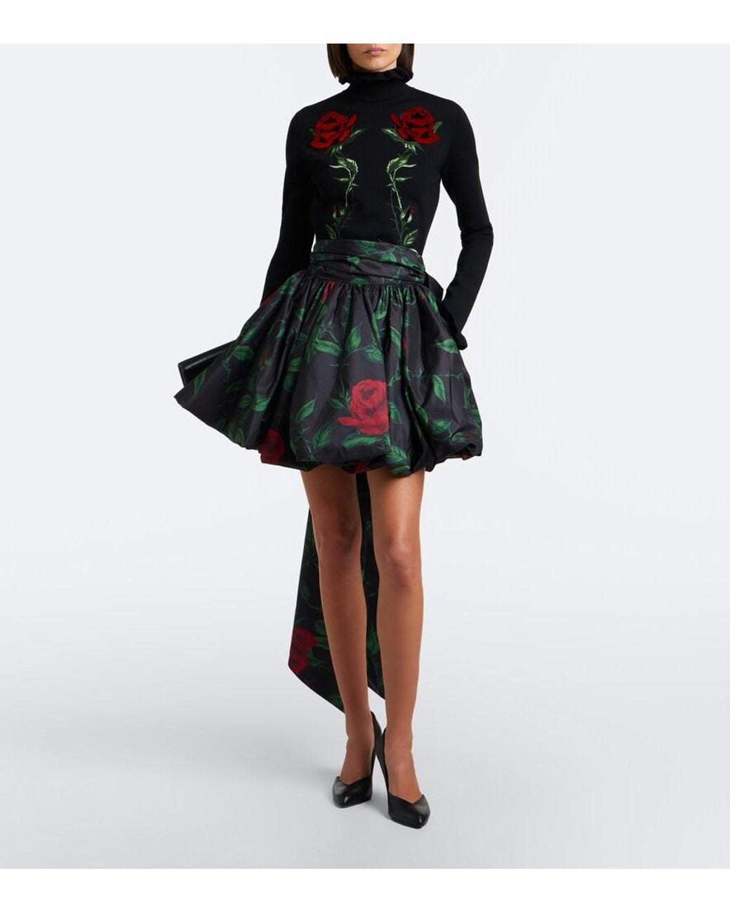 Blumarine Green Bow-Detail Floral Taffeta Miniskirt
