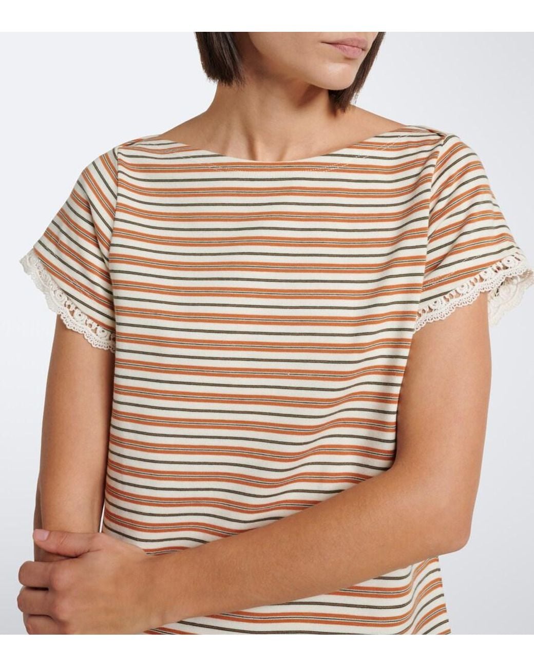 Posse White Maeve Lace-Trimmed Striped Cotton T-Shirt