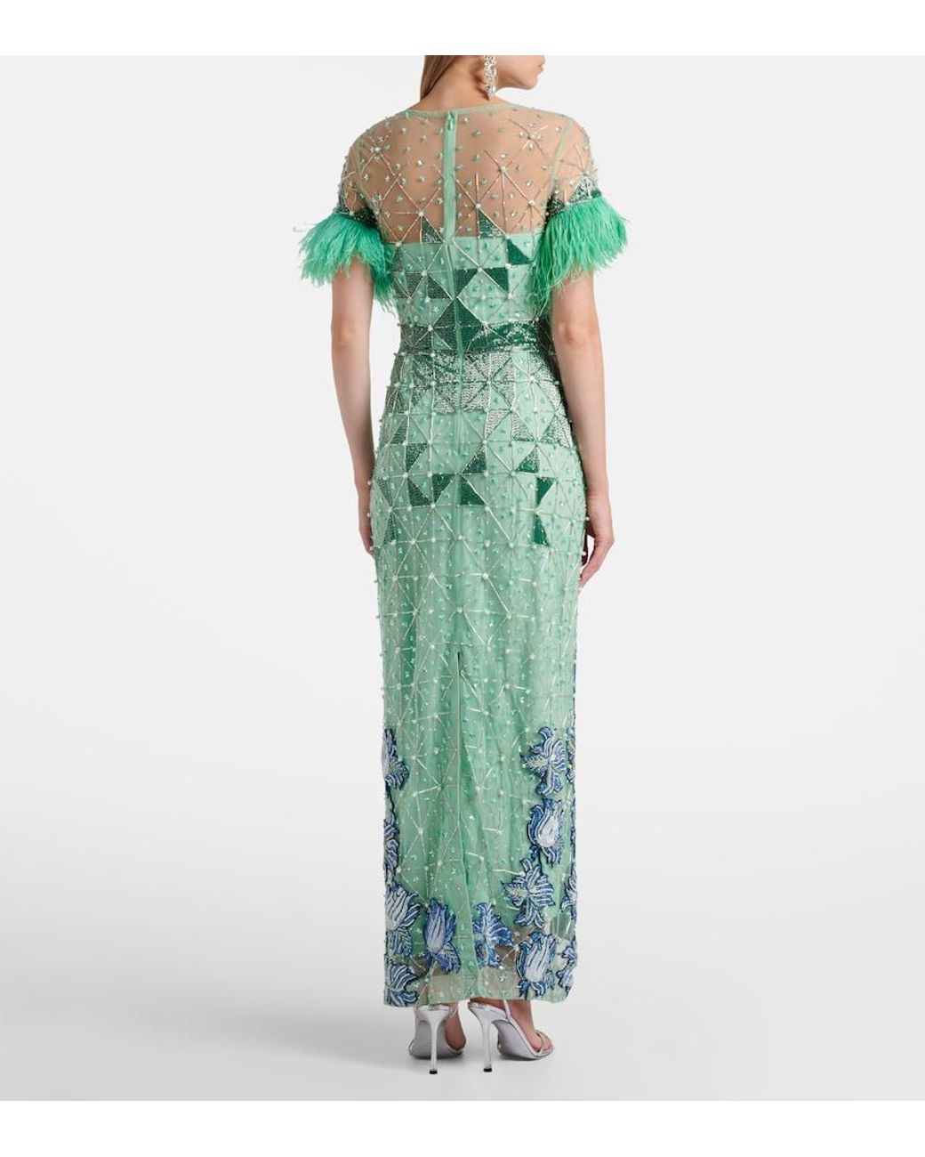 La Fuori Green Embellished Feather-Trimmed Gown