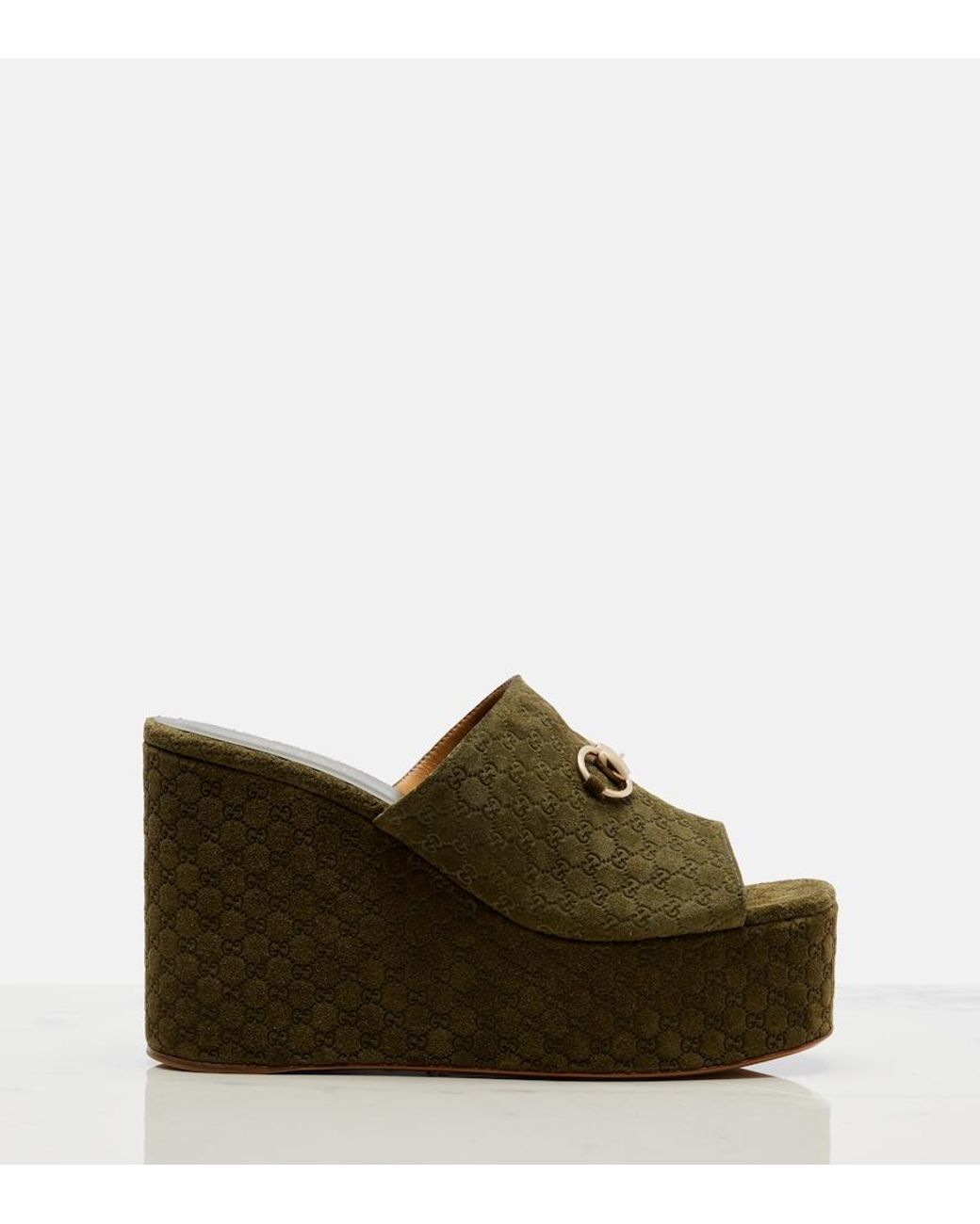 Gucci Green Horsebit Gg Suede Wedge Mules
