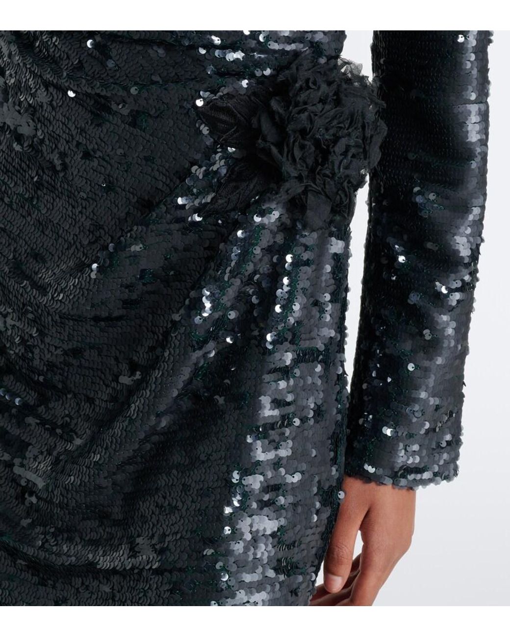 Erdem Black Draped Floral-Applique Sequined Gown