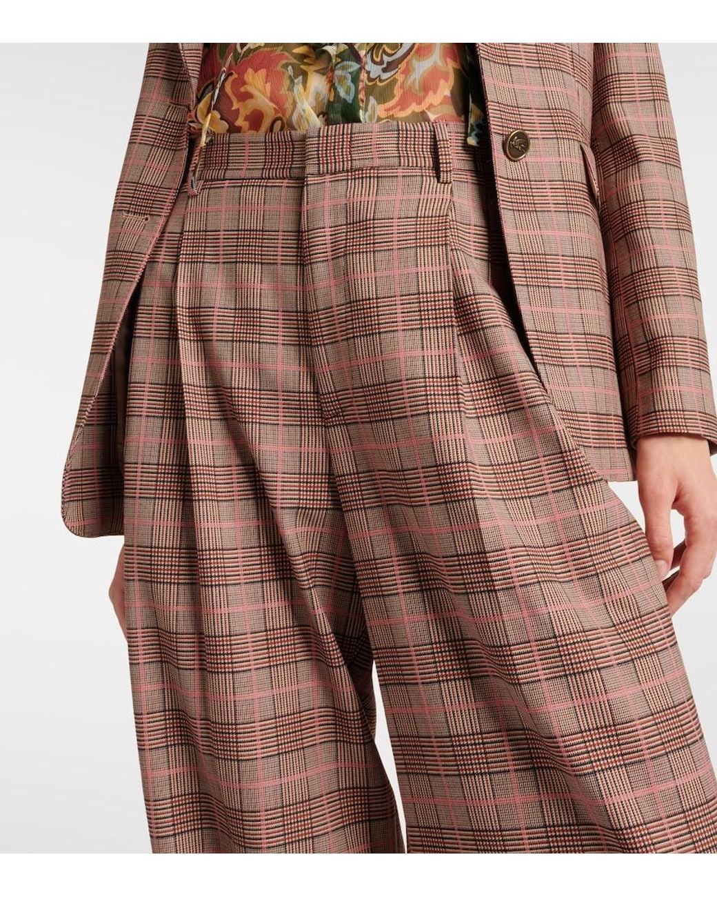 Etro Brown Checked High-Rise Wide-Leg Pants