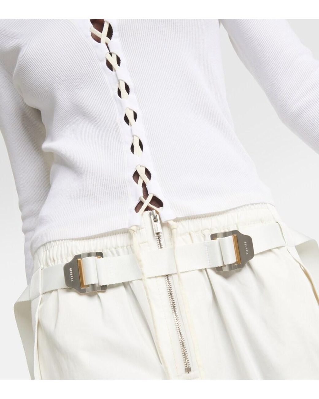 Dion Lee White Lace-Up Ribbed-Knit Cotton Cardigan
